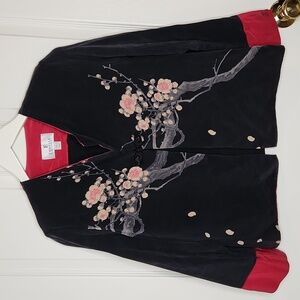 Emmelle 100% silk floral red black bolero jacket cardigan made in U.S.A Large